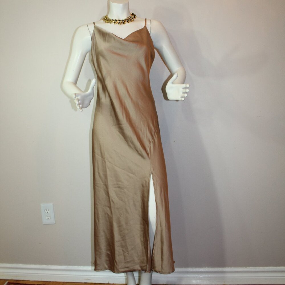 Paper Heart Satin Slip Dress Midi Cowl Neck Strappy Gown Golden Tan size M/L